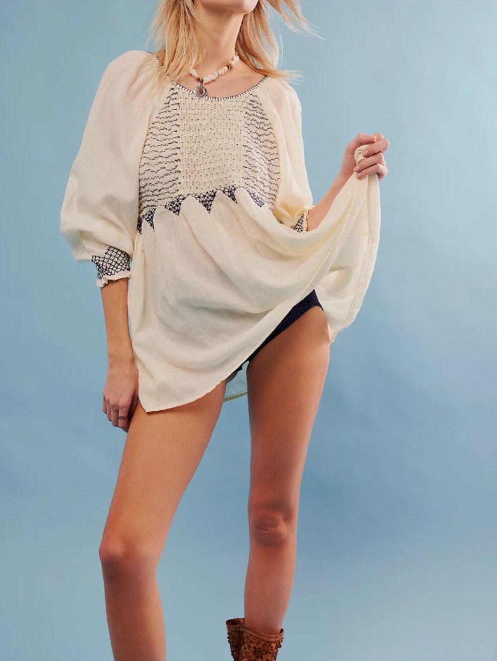 Free People What A Feeling Babydoll Tunic Cream 100% Cotton Size M MSRP $128